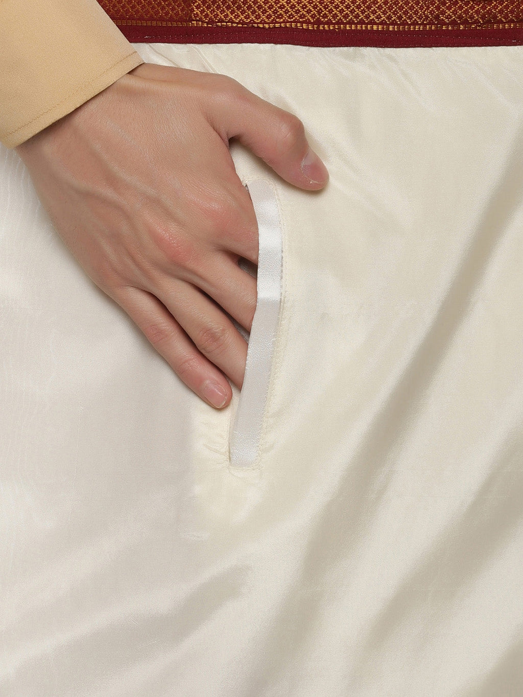 Sethukrishna Men Cream Solid Double Layer Readymade Veshti With Pocket | Grocsy