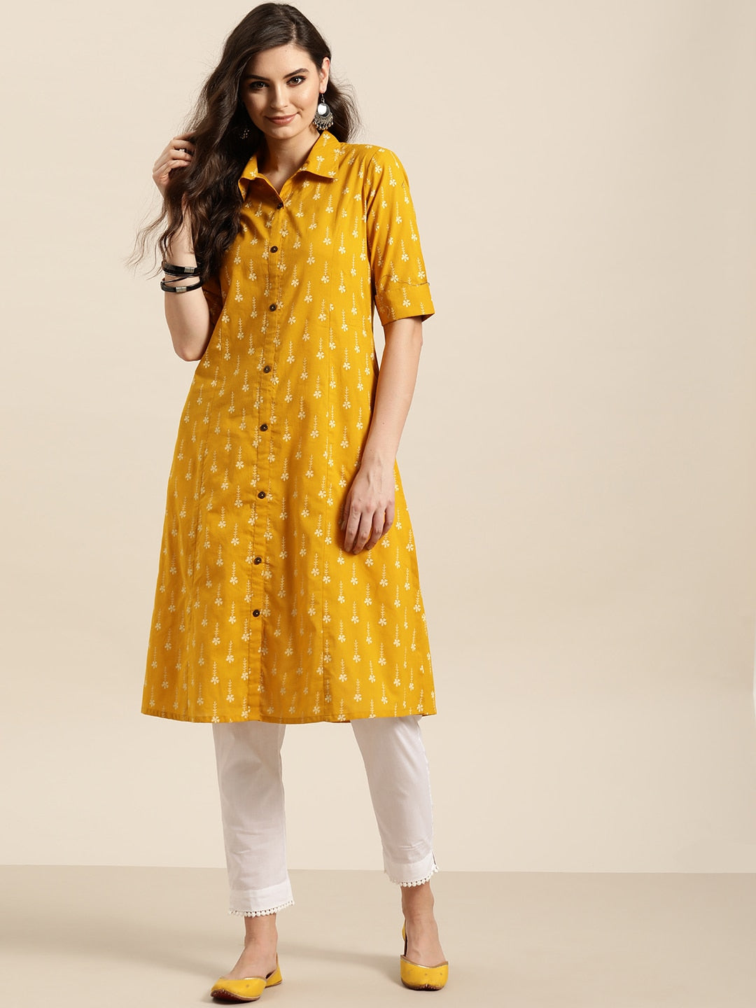 Sangria Women Mustard Yellow & White Floral Print A-Line Kurta | Grocsy