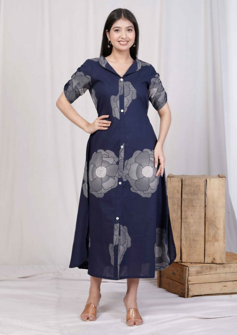 Miravan Women's Blue Floral Printed Front Buttoned A-Line Maxi Dress | Grocsy