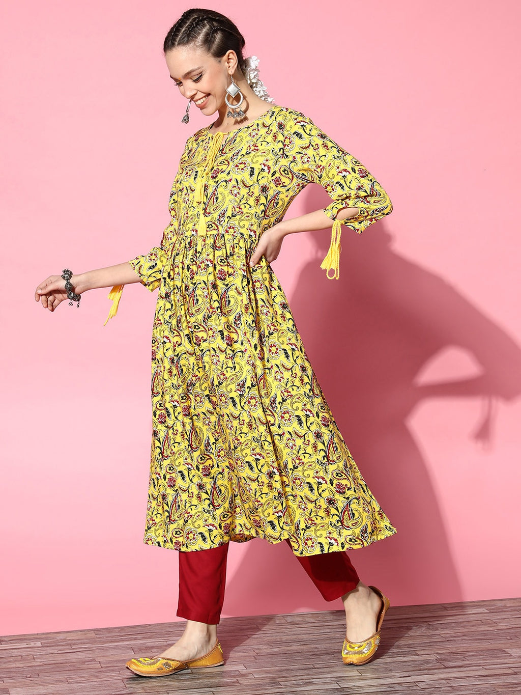 HERE&NOW Yellow & Red Ethnic Motifs Print Parade Anarkali Kurta with Trousers & Dupatta | Grocsy