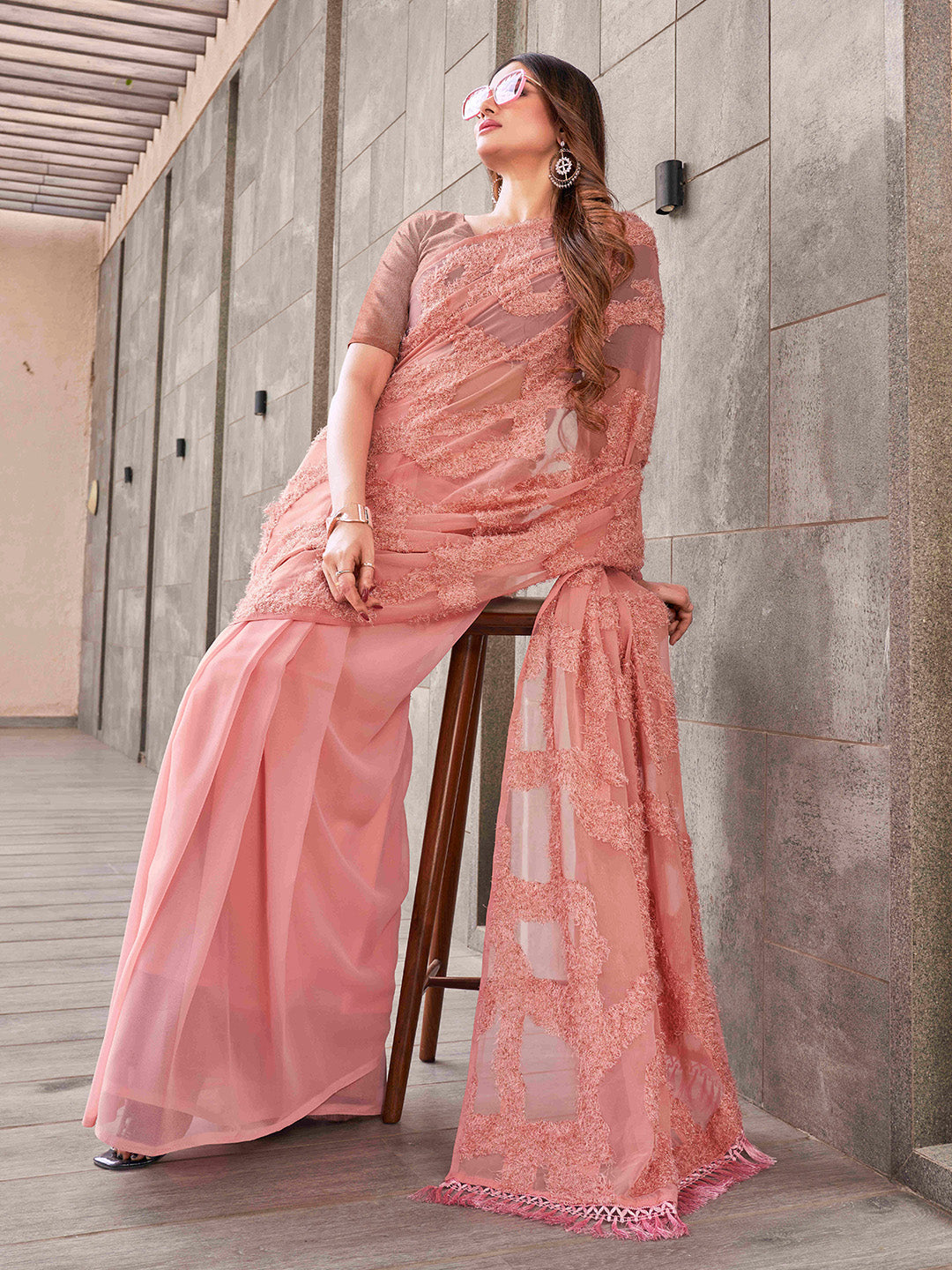 Tikhi Imli Peach Abstract Woven Design Half And Half Saree | Grocsy