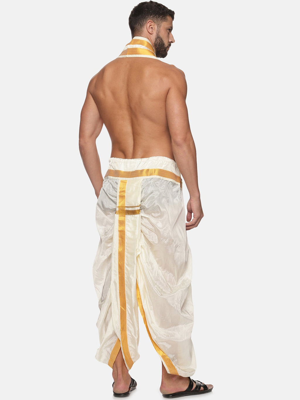 Sethukrishna Men Cream and Gold-Toned Solid Dhoti With Angavastram | Grocsy