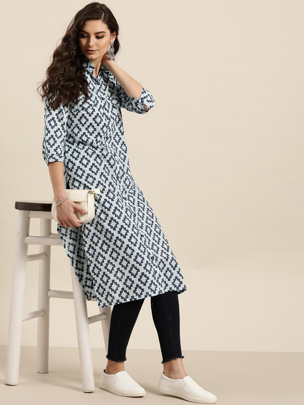 Sangria Women Navy Blue & Grey Pure Cotton Geometric Printed Kurta | Grocsy