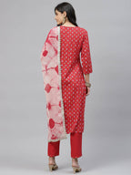 HERE&NOW Women Red Embroidered Straight Kurta with Trousers & With Dupatta | Grocsy