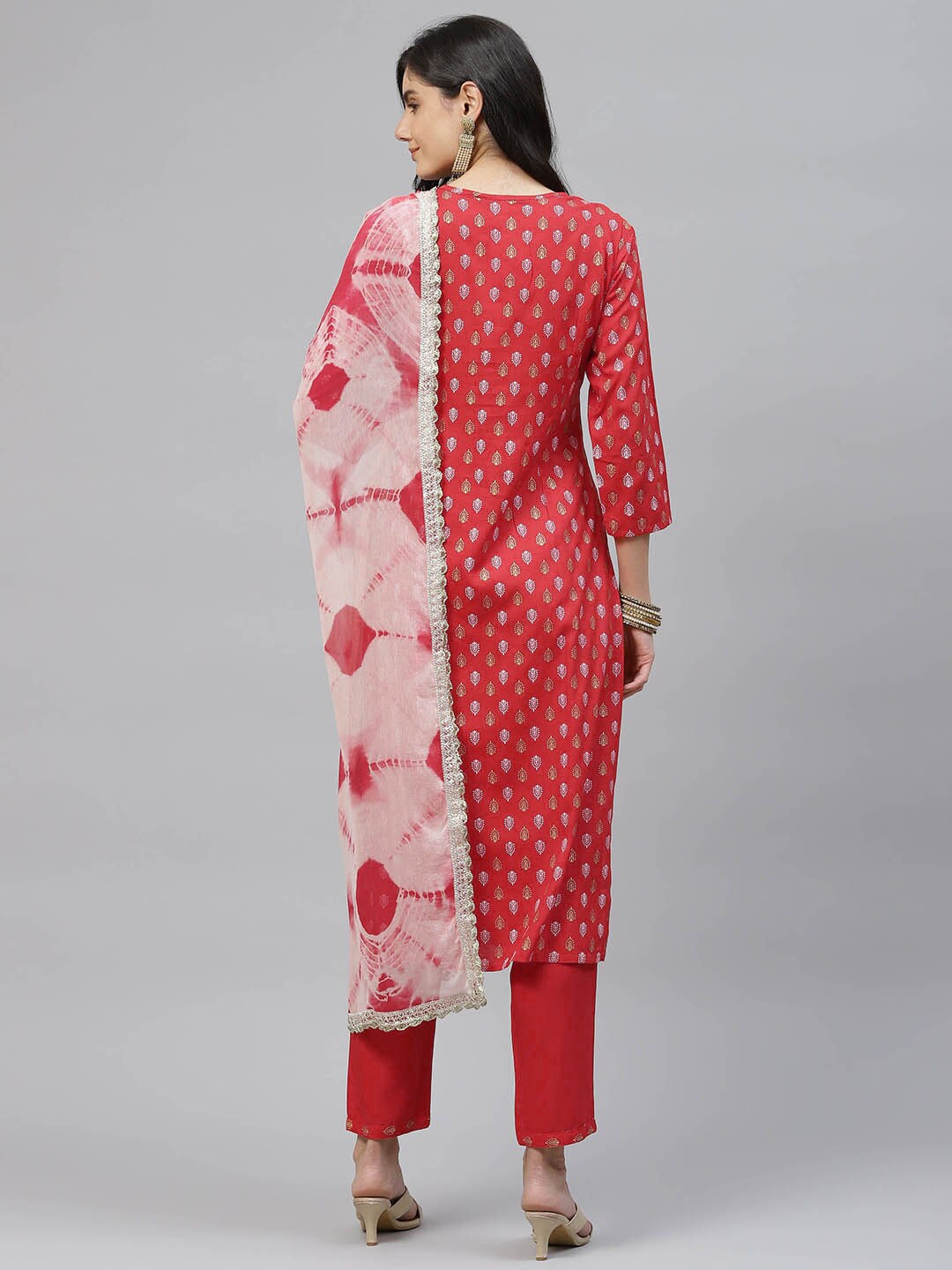 HERE&NOW Women Red Embroidered Straight Kurta with Trousers & With Dupatta | Grocsy