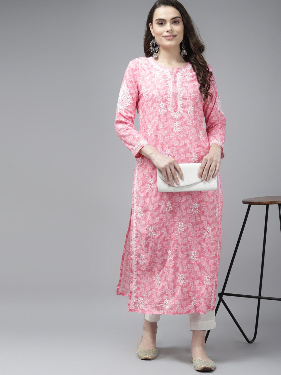 ADA Women Pink & White Floral Chikankari Cotton Handloom Kurta | Grocsy