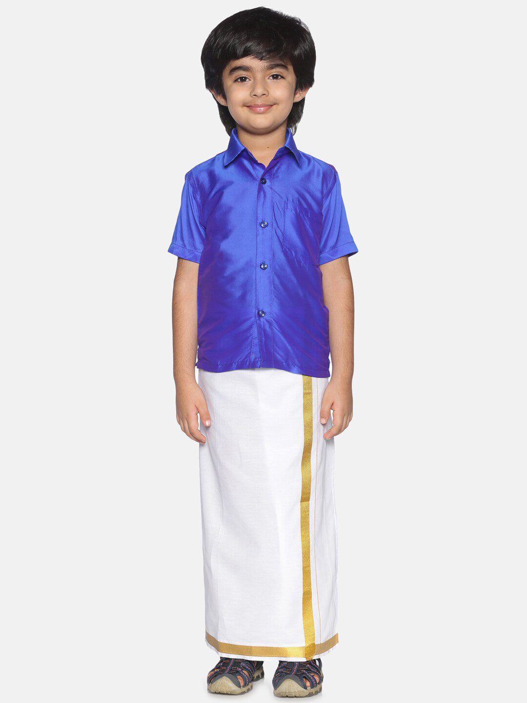 Sethukrishna Boys Blue & White Solid Shirt and Dhoti Set | Grocsy