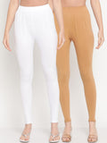 TAG 7 Pack of 2 White & Beige Solid Comfort-Fit Ankle-Length Leggings | Grocsy
