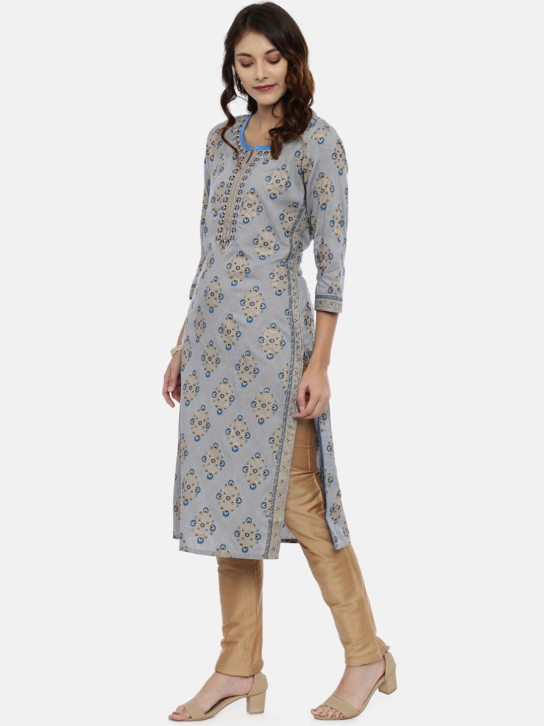 Souchii Grey & Gold Printed Straight Kurta | Grocsy