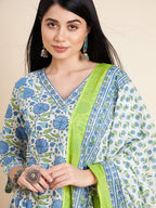 Sangria White Floral Printed V-Neck Pure Cotton Anarkali Kurta With Trouser & Dupatta | Grocsy