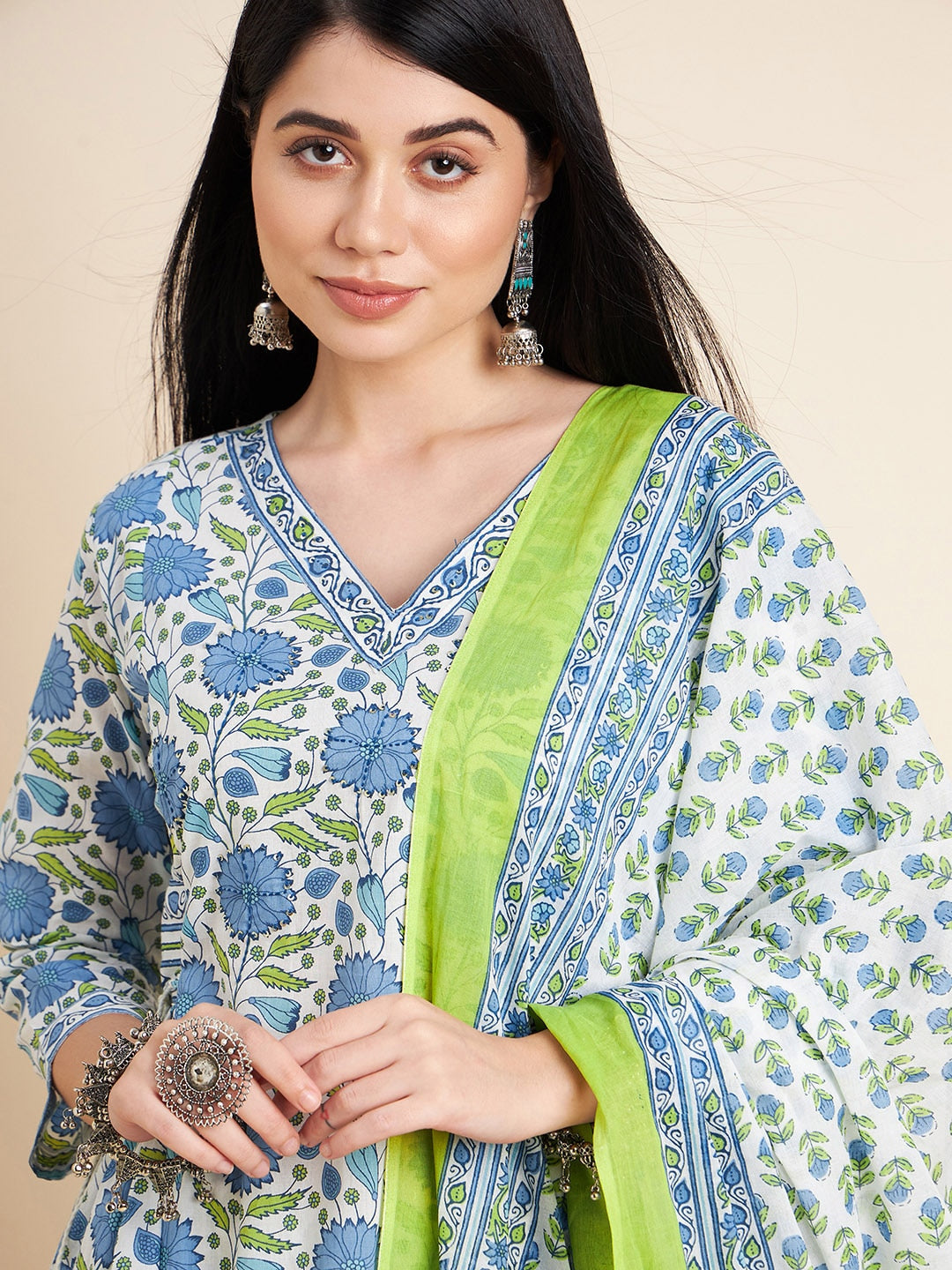 Sangria White Floral Printed V-Neck Pure Cotton Anarkali Kurta With Trouser & Dupatta | Grocsy