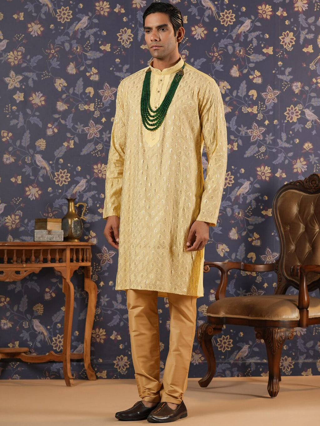 House of Pataudi Ethnic Motifs Embroidered Mandarin Collar Straight Kurta With Churidar | Grocsy