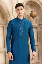 Raivat Ethnic Banarasi Art Silk Mirror Work Kurta Pajama In Blue Colour | Grocsy
