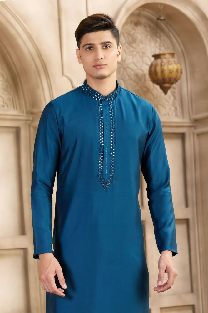 Raivat Ethnic Banarasi Art Silk Mirror Work Kurta Pajama In Blue Colour | Grocsy
