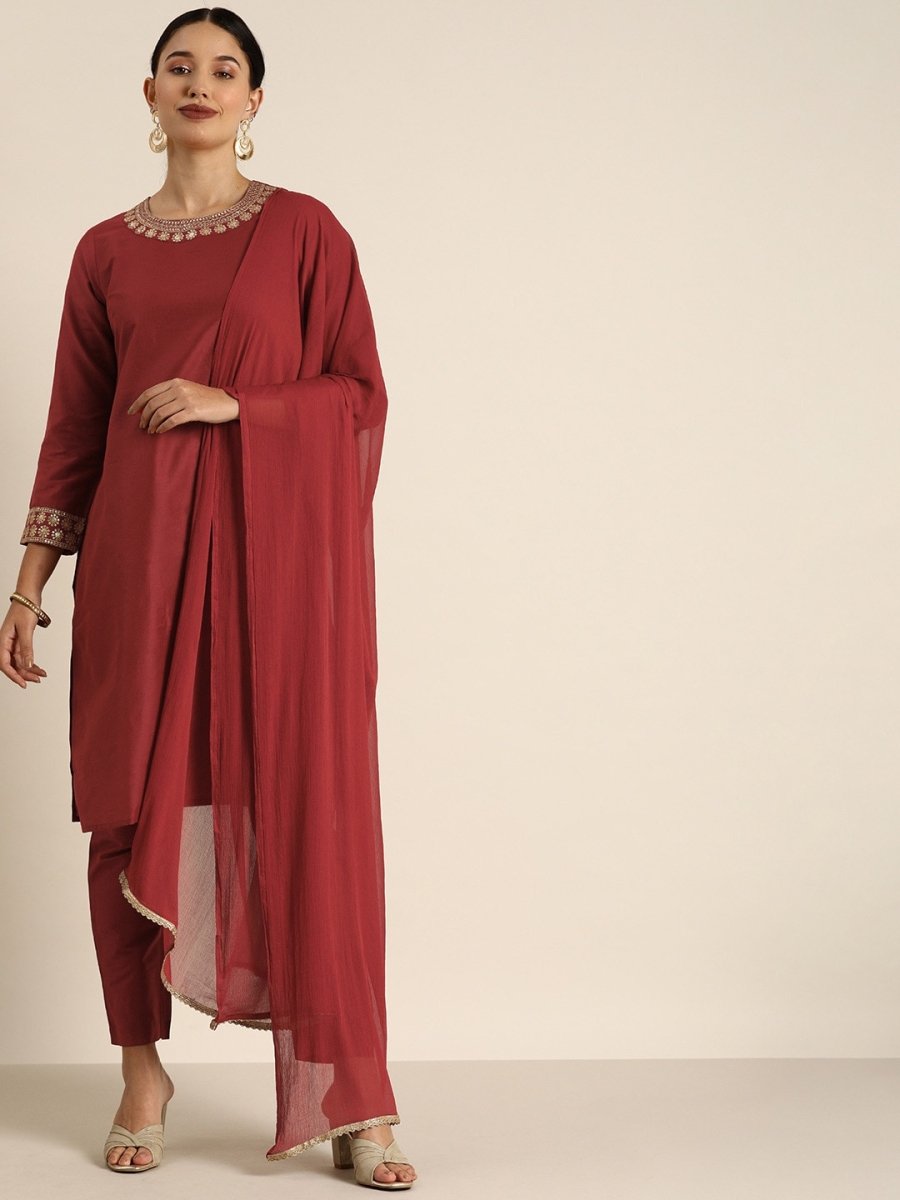 All About You Women Maroon & Golden Satin Finish Kurta with Trousers & With Dupatta | Grocsy