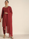 All About You Women Maroon & Golden Satin Finish Kurta with Trousers & With Dupatta | Grocsy