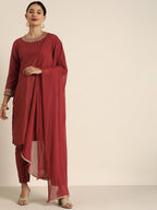 All About You Women Maroon & Golden Satin Finish Kurta with Trousers & With Dupatta | Grocsy
