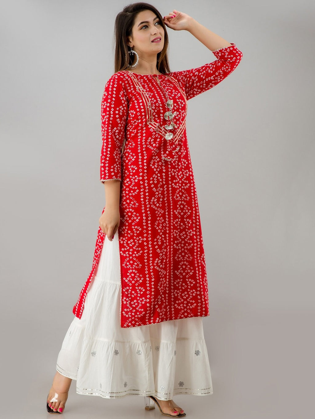 HERE&NOW Red & Gold-Toned Bandhani Printed Gotta Patti Kurta with Sharara | Grocsy