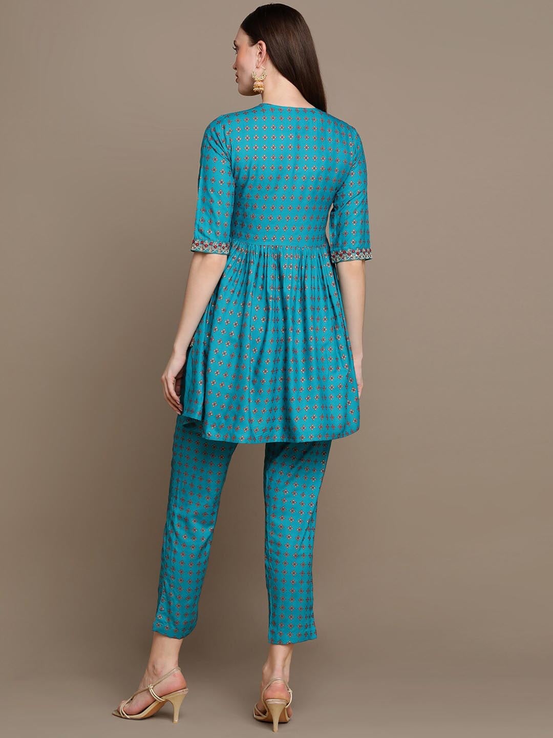 HERE&NOW Ethnic Motifs Embroidered Thread Work & Sequinned High-Low Kurti with Trousers | Grocsy