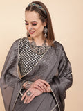 Sangria Grey Beads & Stones Satin Saree | Grocsy