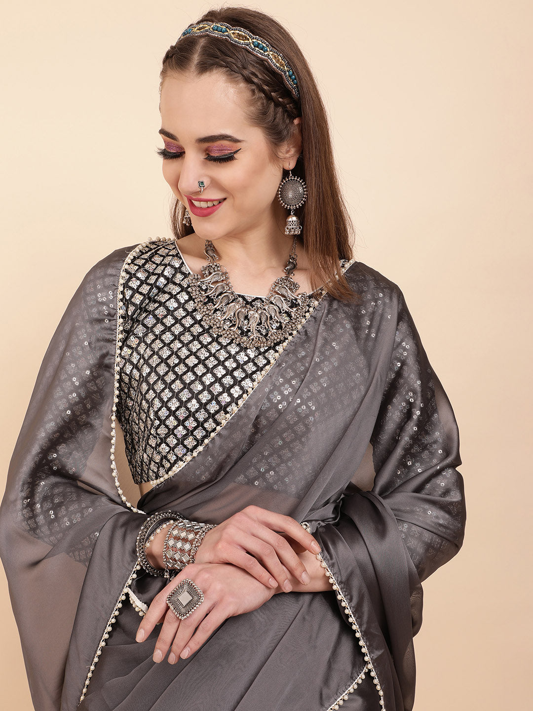 Sangria Grey Beads & Stones Satin Saree | Grocsy