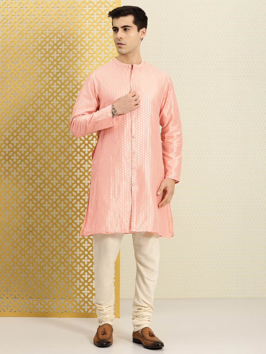 House of Pataudi Men Peach-Coloured Ethnic Motifs Printed Kurta | Grocsy