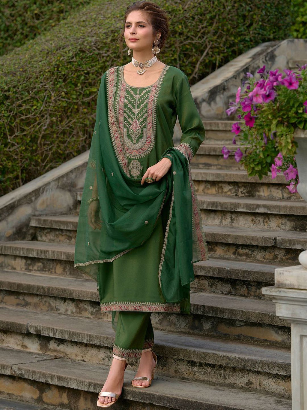 Indo Era Ethnic Motifs Yoke Design Straight Kurta with Trousers & Dupatta | Grocsy
