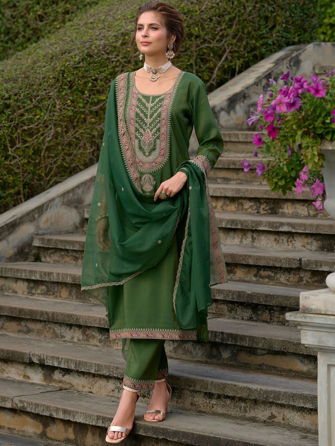 Indo Era Ethnic Motifs Yoke Design Straight Kurta with Trousers & Dupatta | Grocsy
