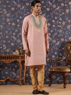 House of Pataudi Ethnic Motifs Embroidered Mandarin Collar Straight Kurta With Churidar | Grocsy