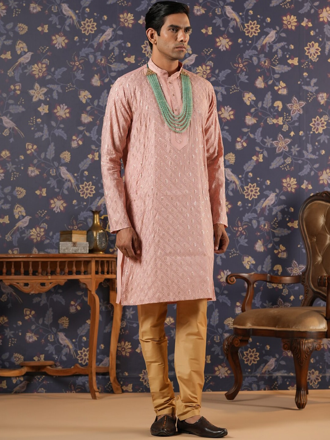 House of Pataudi Ethnic Motifs Embroidered Mandarin Collar Straight Kurta With Churidar | Grocsy
