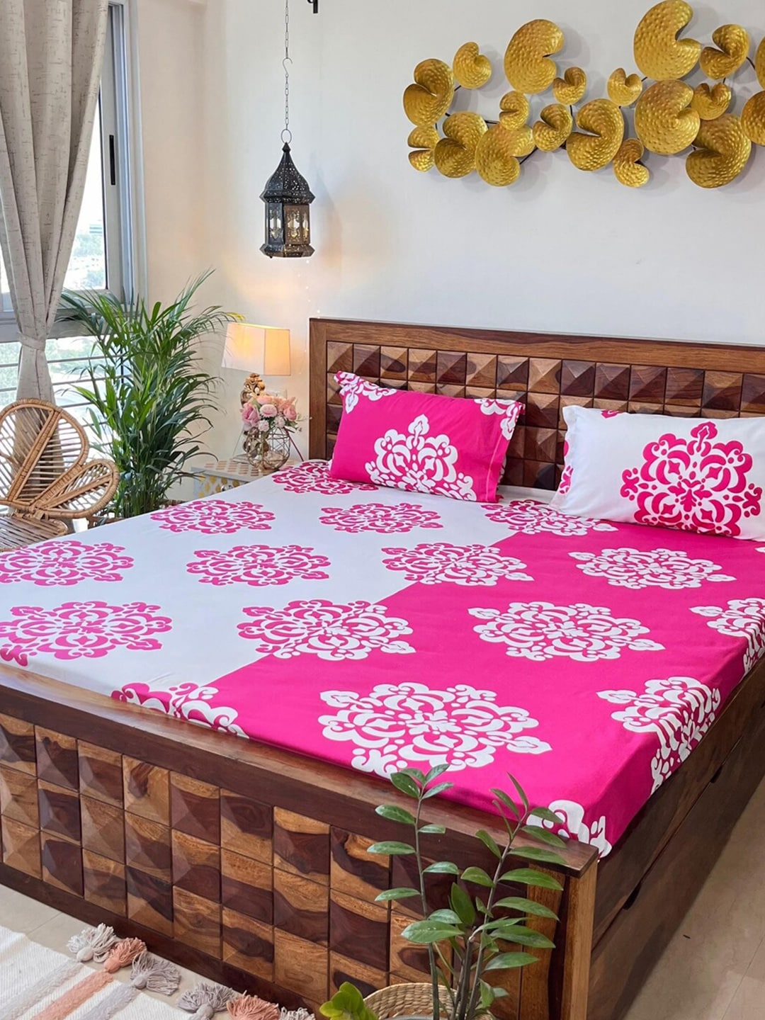 URBAN SPACE Divine White Ethnic Motifs 144 TC Cotton Queen Bedsheet & 2 Pillow Covers | Grocsy