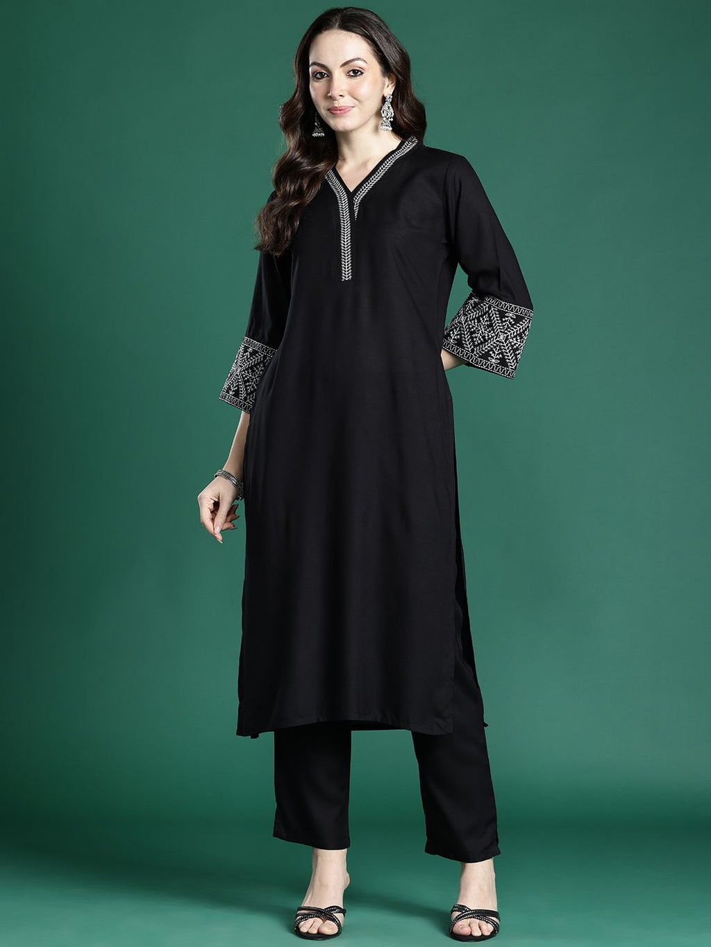 Indo Era Ethnic Motifs Embroidered Regular Kurta with Trousers | Grocsy
