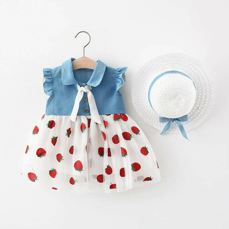 Bold N Elegant Cap Sleeve Denim Embroidered Midi Party Dress Frock with Hat Dress - Strawberry White | Grocsy