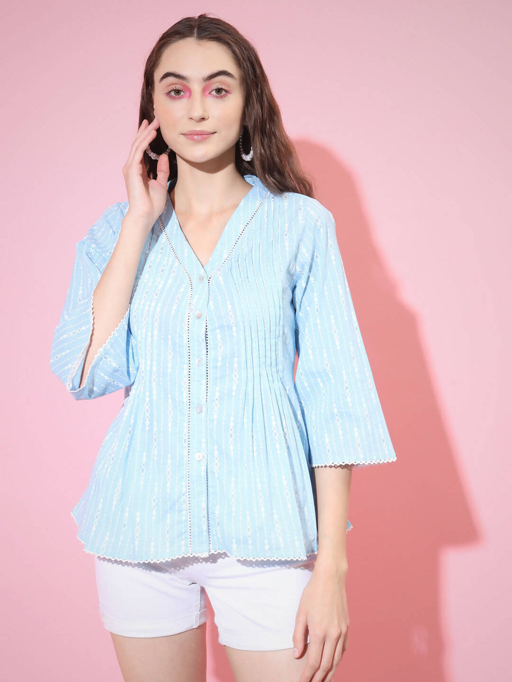 Myshka Women's Blue Printed V-Neck Top | Grocsy