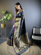 Joban Fashion Navy Blue Striped With Floral Motifs Soft Silk Leheriya Saree | Grocsy