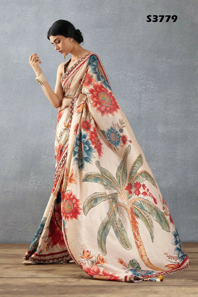 Beige Bright Moss Designer Digital Printed Party Wear Saree - Be Verly | Grocsy