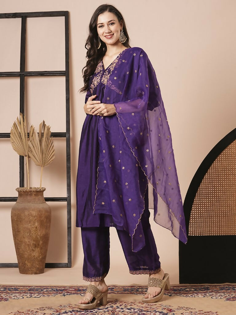 Purple Vichitra Silk Embroidery Work Kurta Set - Riya | Grocsy