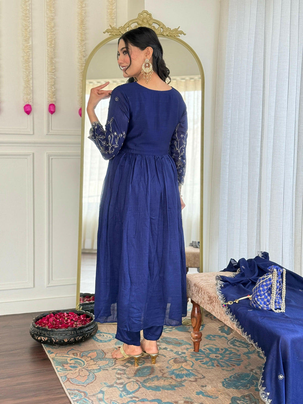 The52 Blue Women's Beautiful Embroidered Vichitra Silk Fabric with Flared Kurta, Pant and Dupatta Set | Grocsy