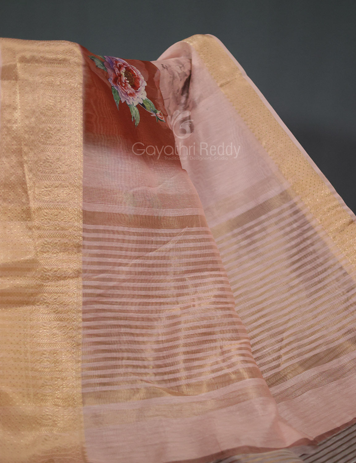 Light Rust Colour Floral Printed Semi Chanderi Saree By Gayathri Reddy Designer Studio | Grocsy