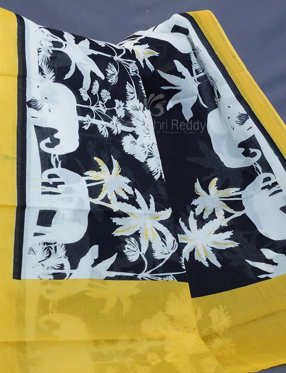 Black And Banana Yellow Colour Block Print Pure Mulmul Cotton Saree By Gayathri Reddy Designer Studio | Grocsy