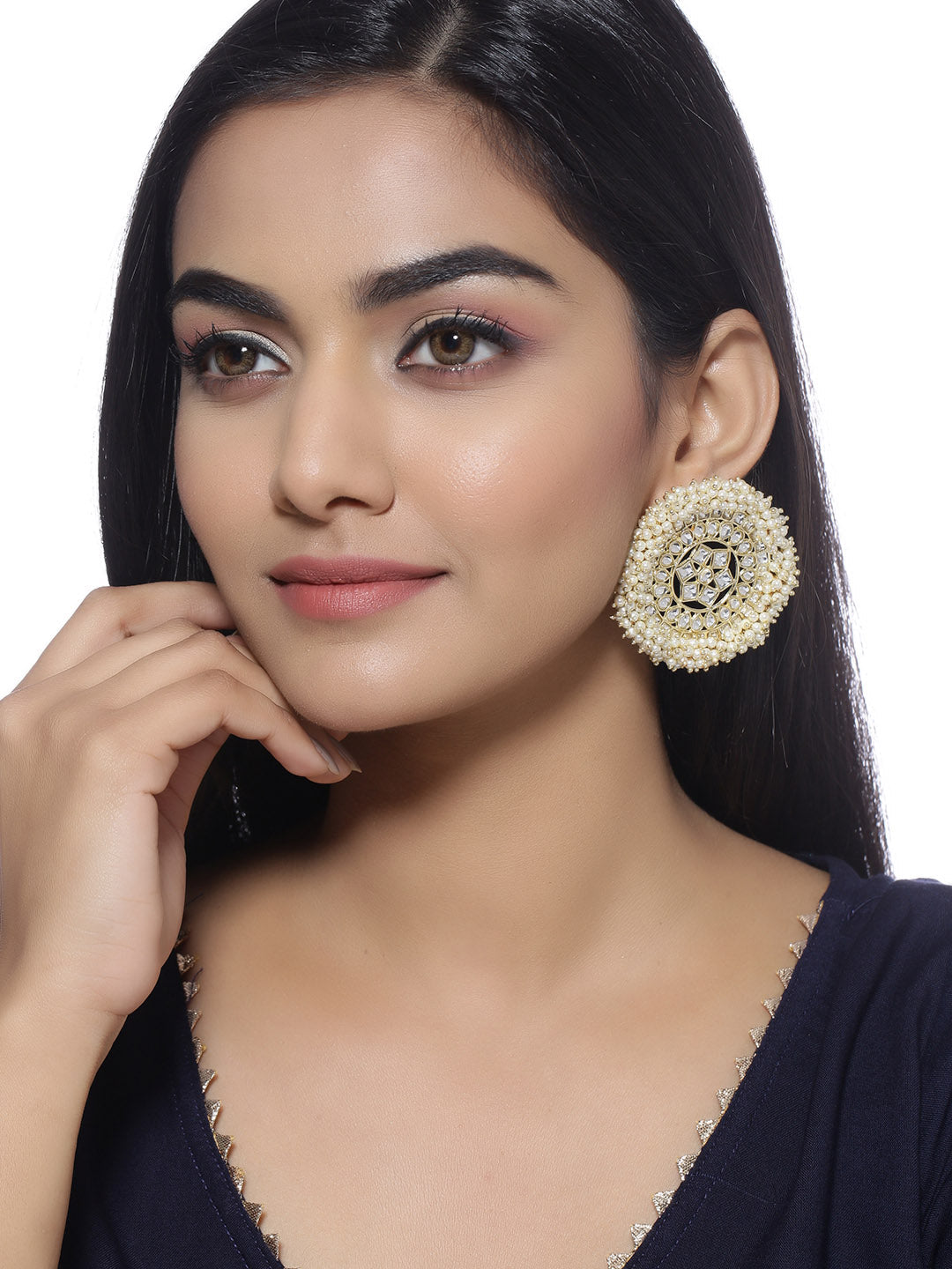 Shoshaa off-White Gold-Polished Kundan Studded & Beaded Circular Drop Earrings | Grocsy