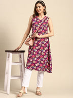 Sangria Women Floral Printed A-Line Sleeveless Kurta | Grocsy