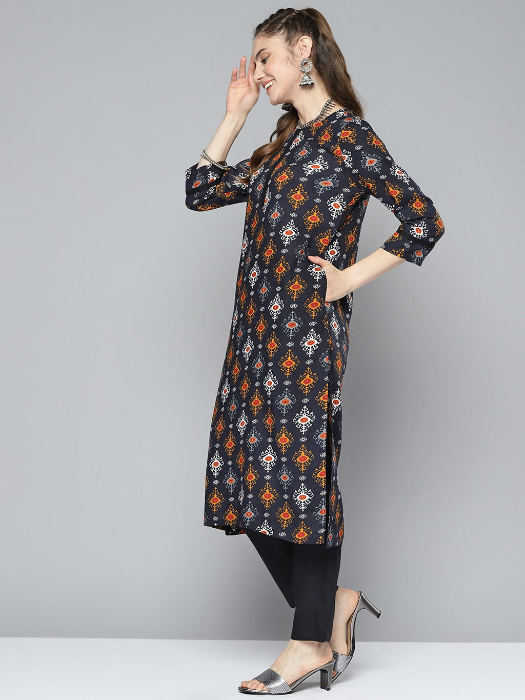 HERE&NOW Women Ethnic Motifs Printed Kurta with Trousers | Grocsy