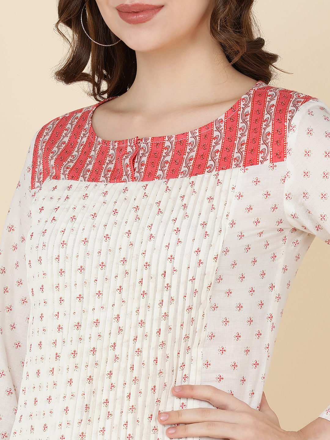 HERE&NOW Women White Floral Printed Pleated Pure Cotton Kurta with Trousers | Grocsy