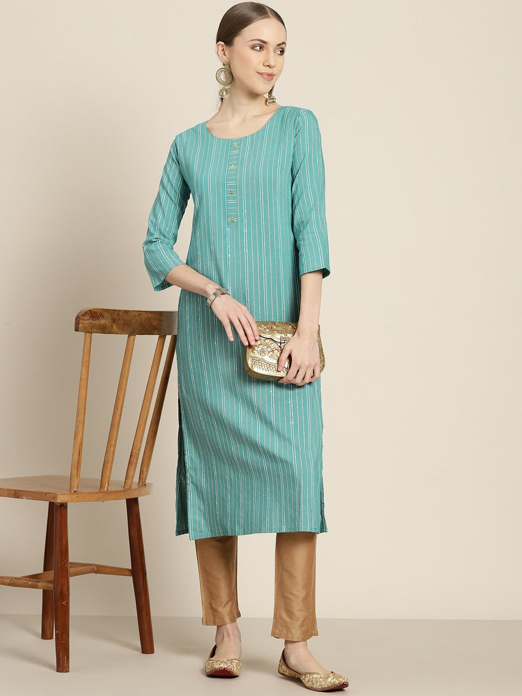 Sangria Women Sea Green & White Striped Sequin Detail Kurta | Grocsy