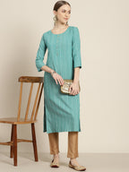 Sangria Women Sea Green & White Striped Sequin Detail Kurta | Grocsy