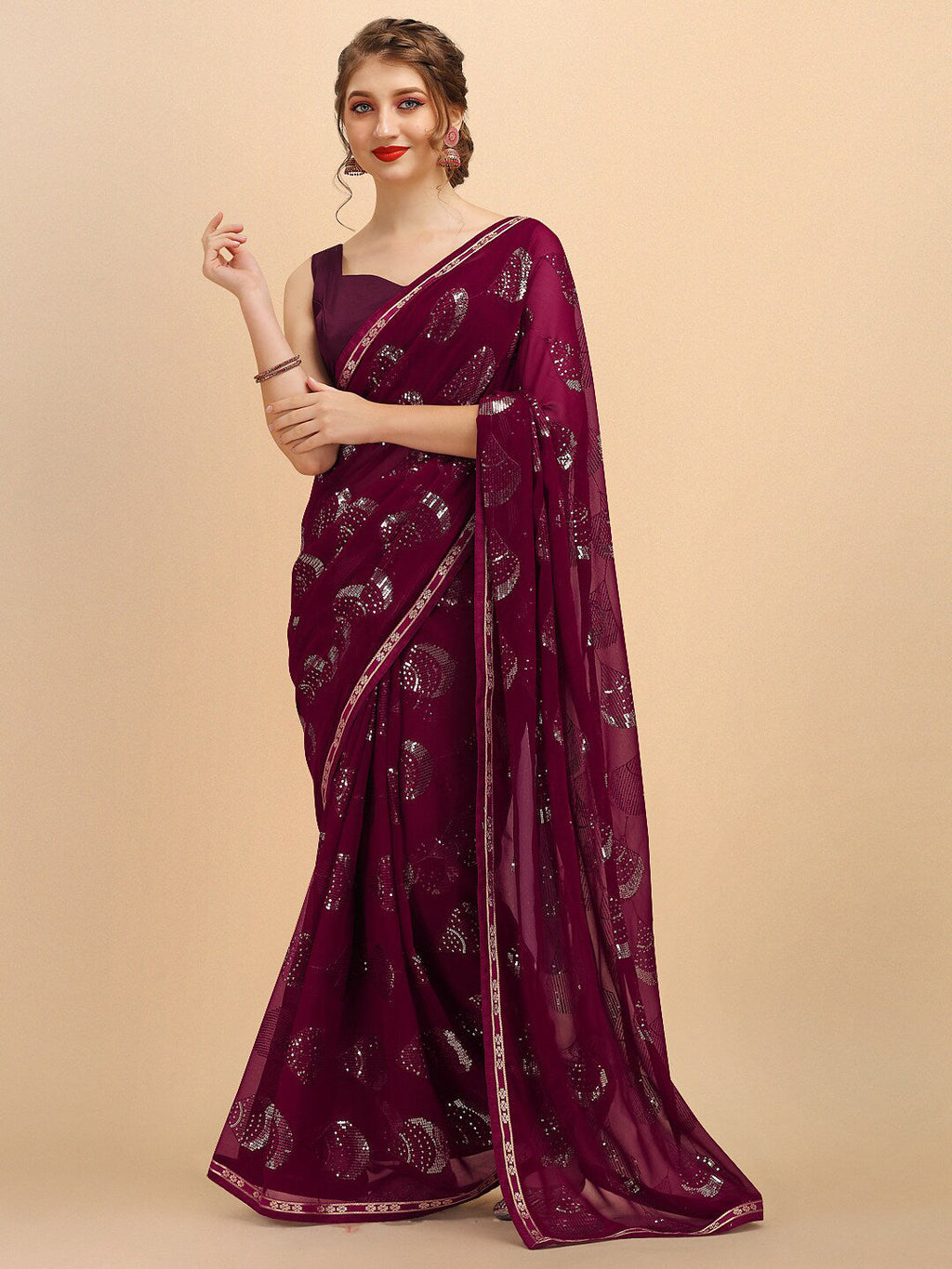 Sangria Women Burgundy Sarees | Grocsy