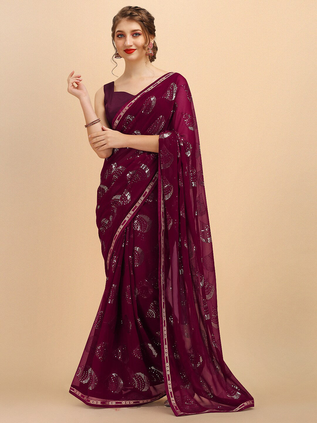 Sangria Women Burgundy Sarees | Grocsy