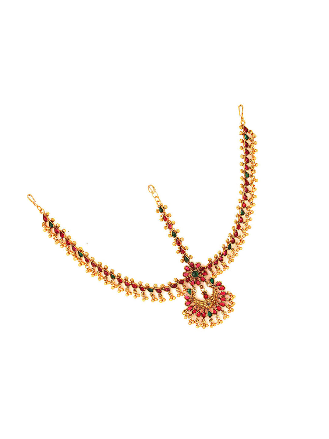 Yellow Chimes Gold-Toned Green Kundan Layered Temple Bridal Traditional Matha Patti | Grocsy