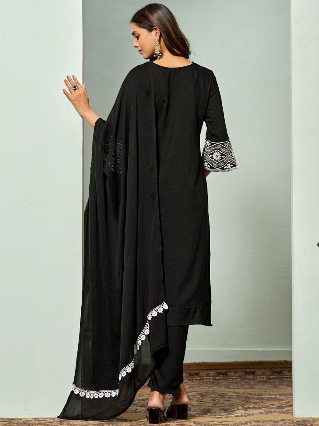 Sangria Chikankari Embroidered Straight Kurta & Trouser With Dupatta | Grocsy